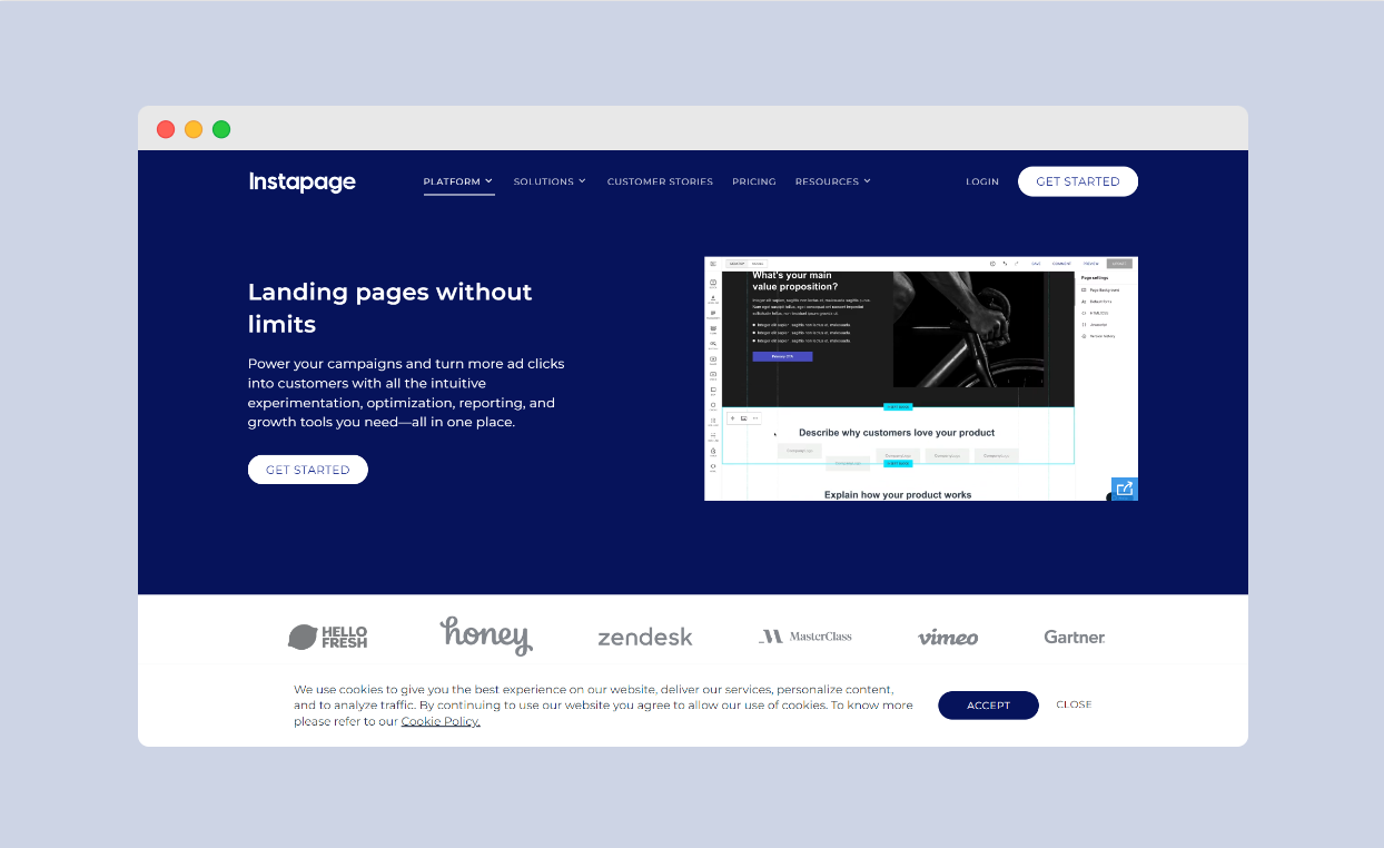 instapage landing page builder website screenshot